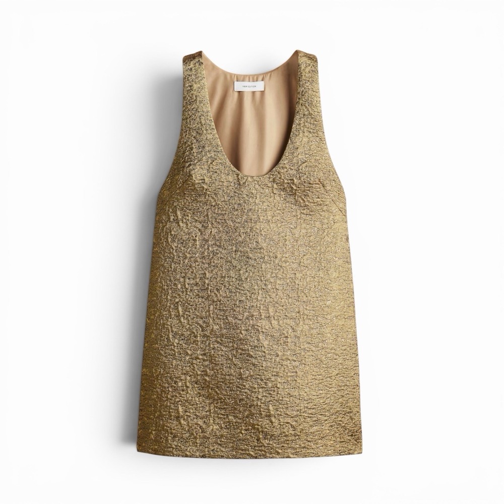 H&M Edition Gold Metallic Jacquard Weave Sleeveless Shift Mini Dress Size Large